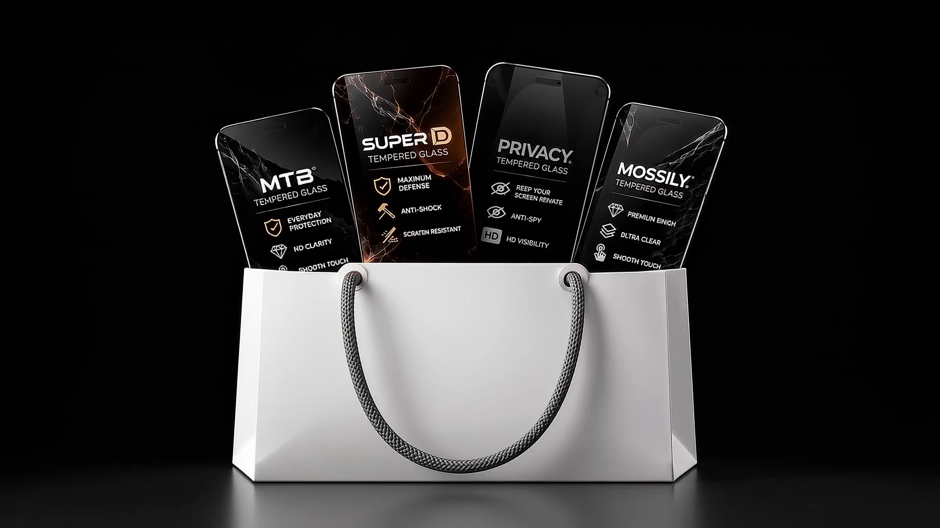 MTB, Super D, Privacy and Mossily tempered glass products in a white premium shopping bag
