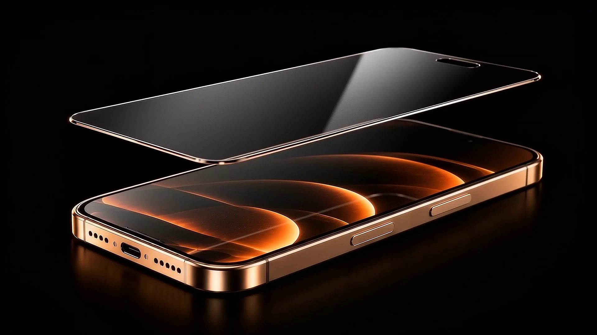 Glass & Case transparent protector aligned above a gold smartphone
