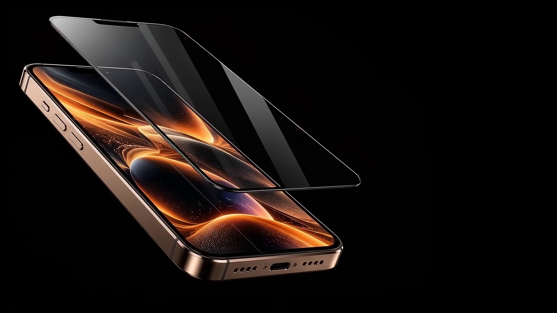 Tempered glass hovering over the front display of a gold smartphone